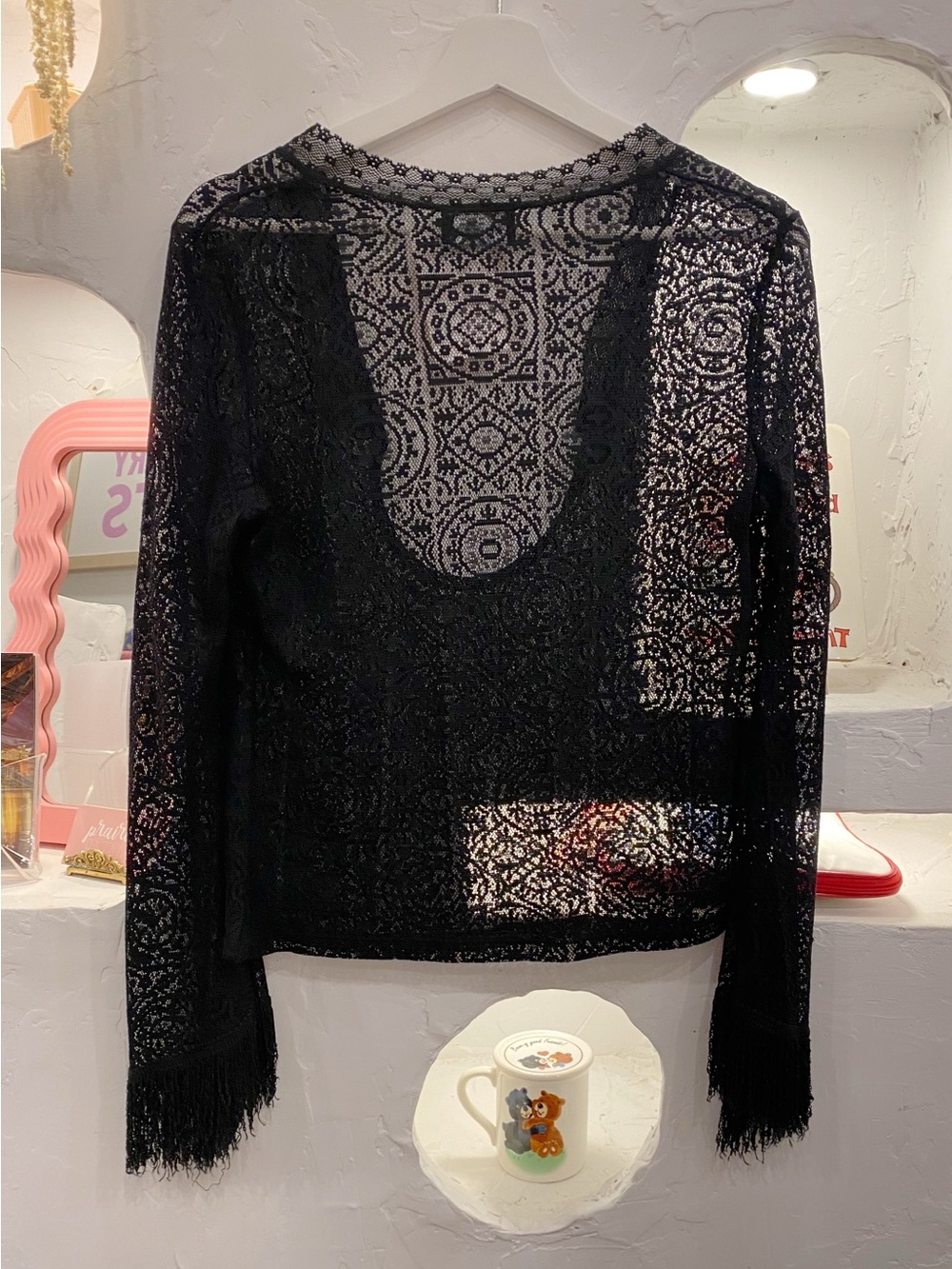 Vintage Dynamite Black Sheer Lace Long-Sleeve Top Cut Out & Flared Fringe Sleeve - Picture 4 of 7